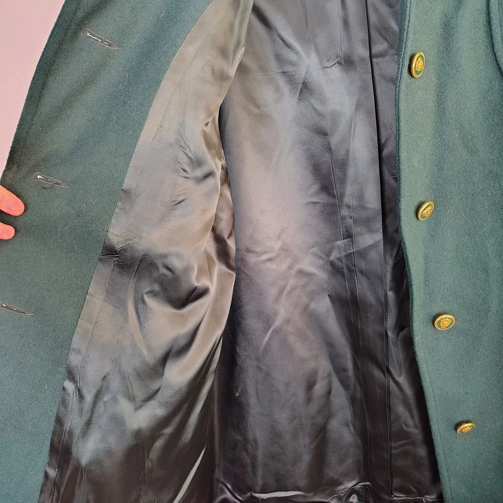 Mackintosh New England Vintage Wool Car Coat Teal Green Gold Crest Buttons Sz 12